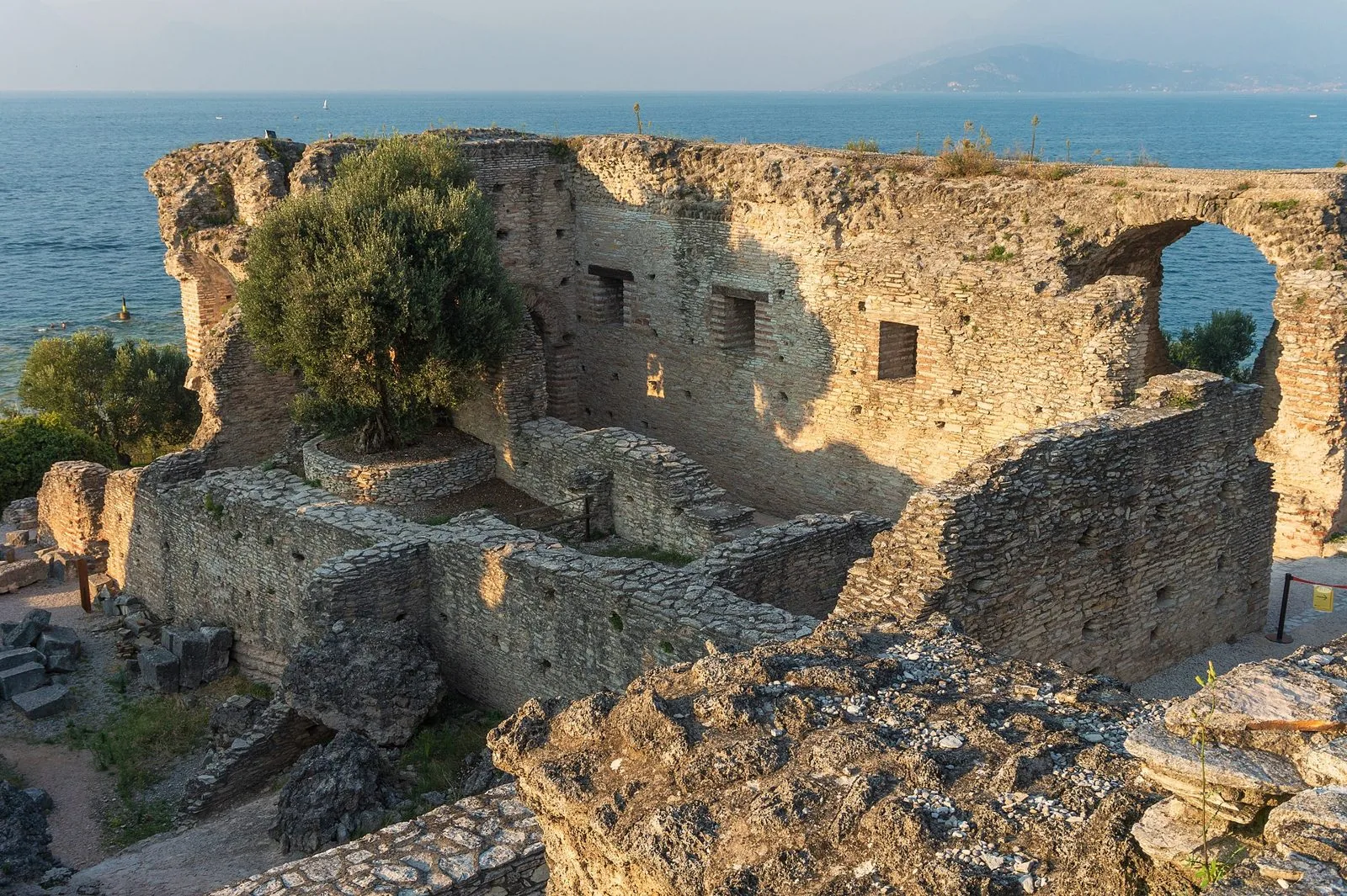 Le rovine in pietra e mattoni delle Grotte di Catullo con un ulivo e il lago sullo sfondo